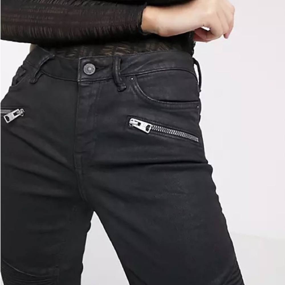 ALLSAINTS iconic black Gracie Biker jeans in coated black. Sz 29.